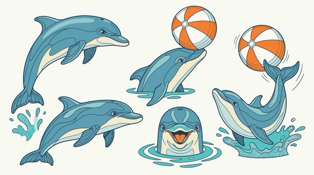 Zestaw uroczych ilustracji kresk&oacute;wkowych przedstawiających wesołe delfiny w r&oacute;żnych pozach, bawiące się piłką plażową i skaczące w wodzie, idealne do projekt&oacute;w dla dzieci.