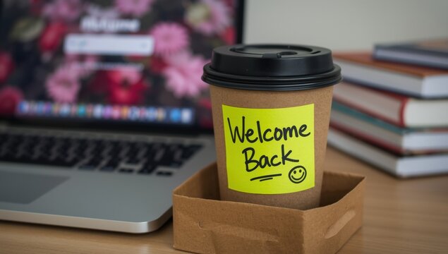 Welcome back message on a coffee cup sitting on a desk next to a laptop and stack of books for office return