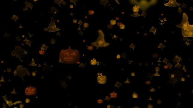 Spooky Halloween icon motion visual glowing jack o lanterns, ghosts, bats, witch hats drifting black darkness. Perfect for trick clips, festive greetings, horror titles, and animated party overlays.