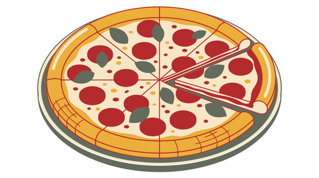 Ilustracja wektorowa pysznej pizzy pepperoni z listkami bazylii na okrągłym talerzu, przedstawiająca jeden wycięty kawałek pizzy gotowy do serwowania w stylu płaskiego designu.