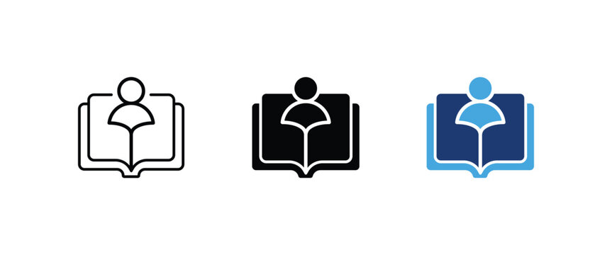 Reading icon, Open book with student reader symbol, Education online learning knowledge library graphics, Vector illustration