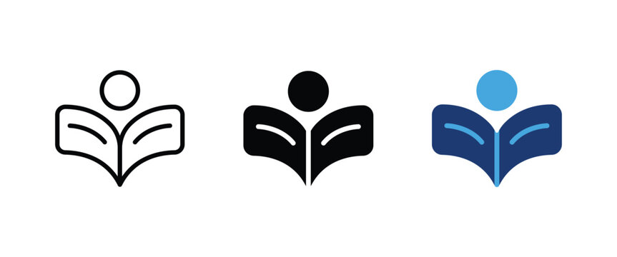 Reading icon, Student reading open book symbol, Education university library study reader graphics, Vector illustration