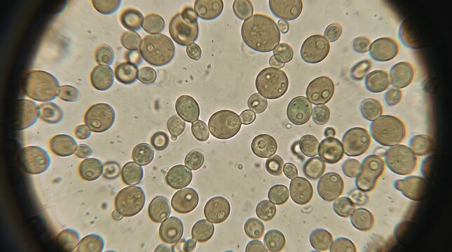 Yeast cells under microscope magnification. Saccharomyces cerevisiae culture for wine fermentation process. Microbiological analysis of wine yeast strain in winery laboratory study.