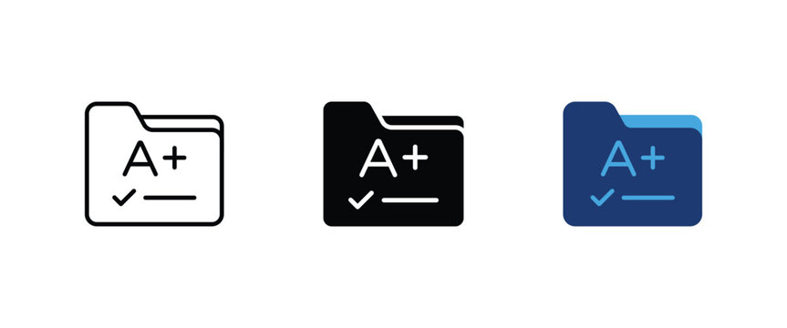 Report card icon, Folder A plus grade result symbol, Excellent exam test evaluation document graphics, Vector illustration