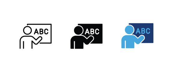 Teacher icon, Person teaching at blackboard with ABC letters symbol, Education classroom tutor instructor graphics, Vector illustration © Nargis
