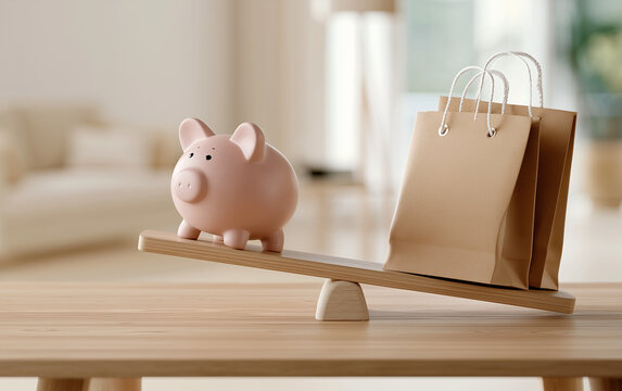 Balancing Savings and Spending: Piggy Bank Weighs Against Shopping Bags on Seesaw