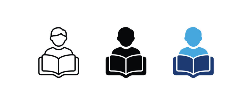 Teacher icon, Person reading open book symbol, Education reader tutor avatar graphics, Vector illustration