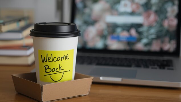 White coffee cup with a yellow sticky note that says welcome back and a smiley face on a desk with a laptop screen