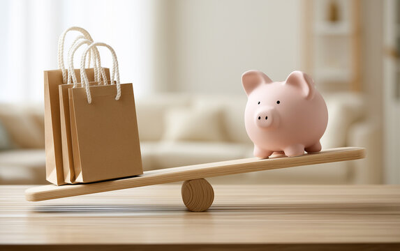 Balancing Savings and Spending: Piggy Bank Weighs Against Shopping Bags on Seesaw