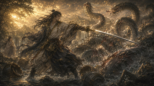Asian Fantasy Swordsman Battling Giant Serpent Dragons in a Mountain Valley
