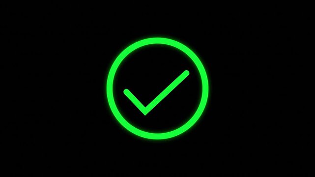 Neon verified check icon visual bright green circle, soft glow, and black clean background. for success messages, approval animations, checklist videos, confirmation screens, and digital overlays.