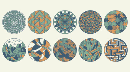 Fototapeta premium Zestaw dziesięciu okrągłych ikon z geometrycznymi wzorami, abstrakcyjnymi kształtami, motywami przyrodniczymi, labiryntem i puzzlami w stonowanej kolorystyce błękitu i pomarańczu.