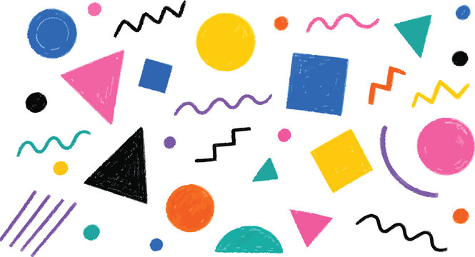 Memphis style geometric shapes pattern with hand drawn crayon texture