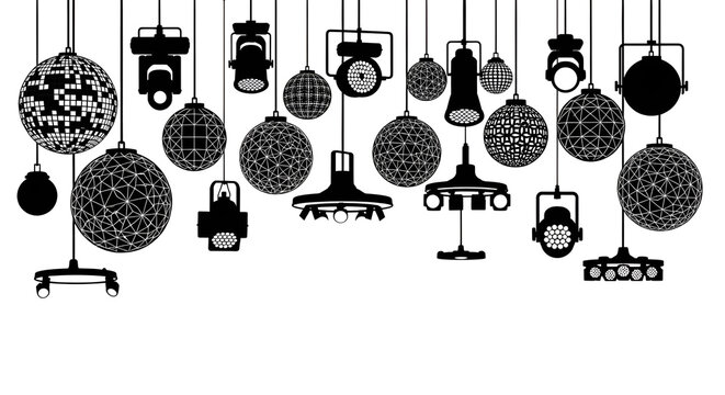 Solid Black Silhouettes of Hanging Disco Balls and Dance Floor Lighting on White Background