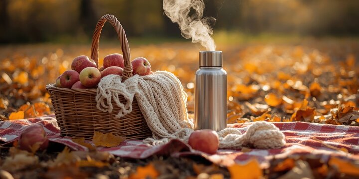 Wicker basket filled with fresh red apples and a steaming thermos on a red checkered blanket in autumn forest