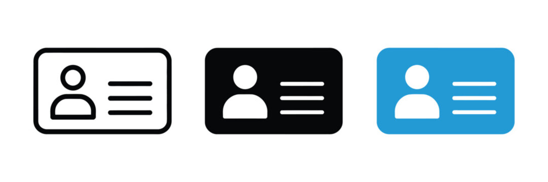 ID card icon with identification badge, driver license, employee pass, membership card, outline and solid silhouette designs for security and access