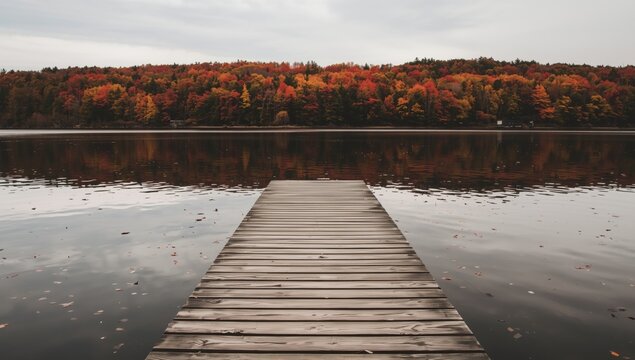 Wooden walkway pier reaching into a tranquil lake surrounded by a vibrant autumn forest with colorful leaves