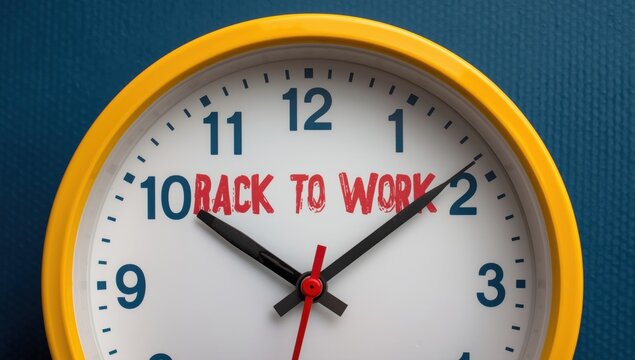 Yellow wall clock showing back to work text on white dial against a dark blue textured background, office concept