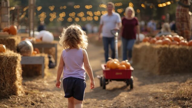 Young girl walking through a pumpkin patch towards a red wagon filled with orange pumpkins on a sunny autumn day