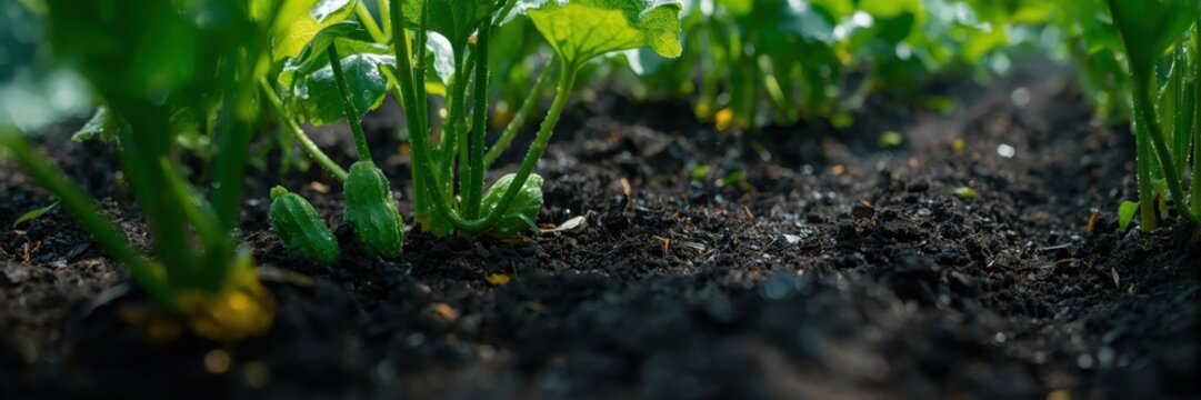 Young green vegetable plants growing in rich dark soil rows in a sunny organic garden farm during springtime