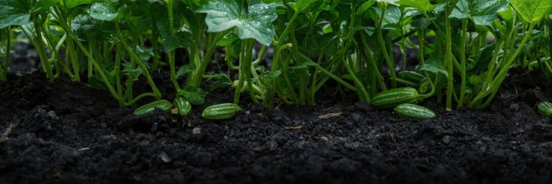Young green cucumber plants growing in dark fertile soil with small developing vegetables in a vegetable garden bed