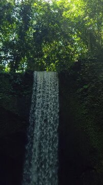 Vertical video. Tibumana Waterfall Beneath Sunlit Rainforest Canopy, Dramatic Tropical Landscape Featuring Flowing Water And Rich Green Jungle Vegetation