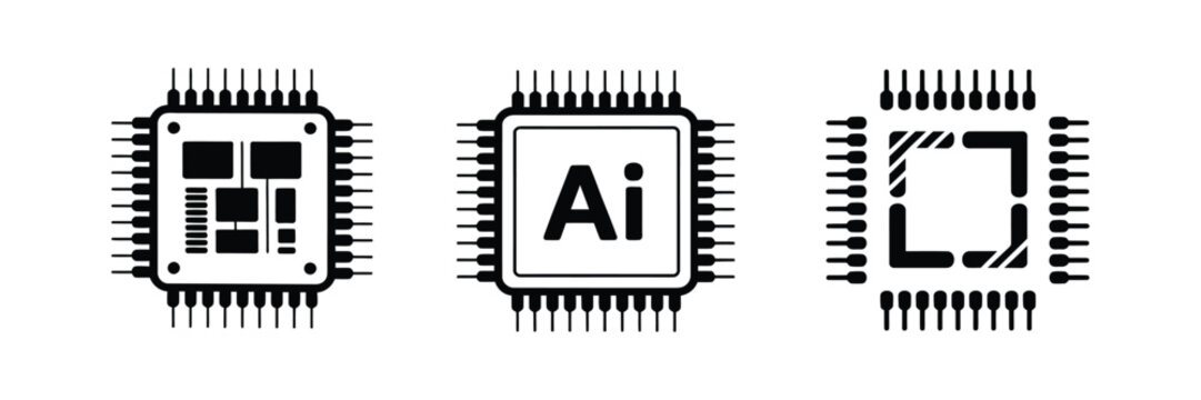 CPU microchip icons with AI processor, computer chip, semiconductor, outline and solid silhouette designs for digital technology, electronics and hardware