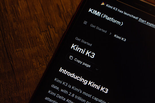 Mexico City, MEXICO - Jul 21 2026 : Smartphone showing the Kimi Platform documentation by Moonshot AI, introducing the Kimi K3 model with 2.8 trillion parameters and Kimi Delta Attention.