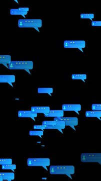 Customer review rating bubble floating blue chat cards, star feedback icons, black space, social comment layout. Perfect for testimonial videos, service promos, app reviews, and marketing overlays.