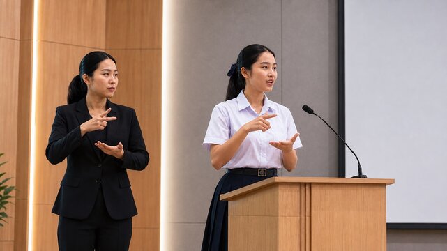 Student Delivering Sign Language Speech with Professional Interpreter on Stage, Inclusive Education Concept