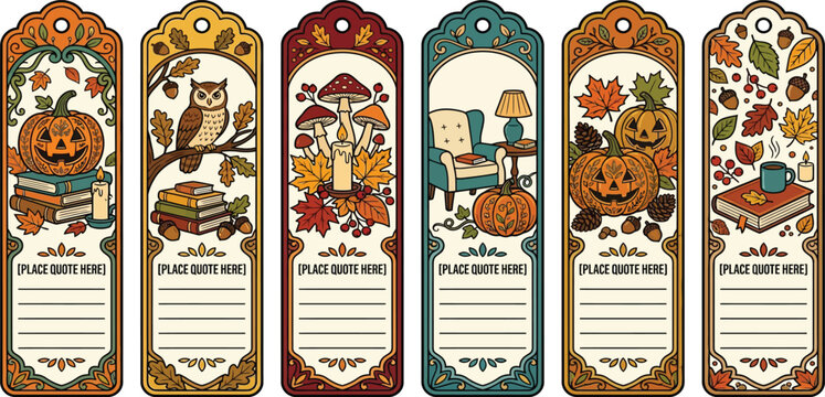 Decorative halloween autumn themed bookmarks set with fall seasonal illustrations bookmarks stationery seasonal decorative mushroom illustration template printable organizer ornamental woodland
