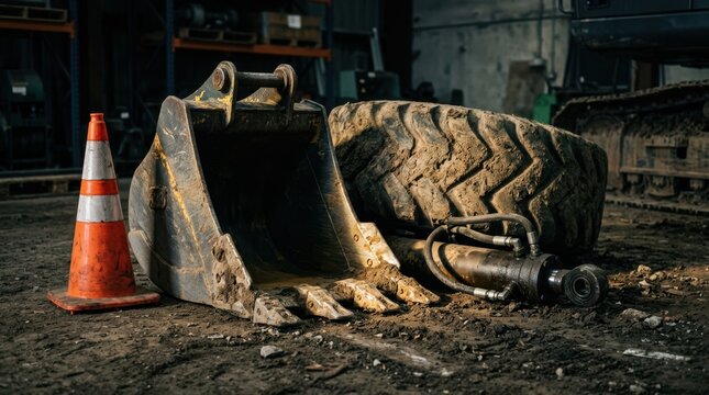 Heavy construction loader bucket, hydraulic cylinder, mud caked tire tread, and safety cone on compacted earth