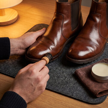 Cropped hands applying edge dressing to leather boot welted seam with dauber brush