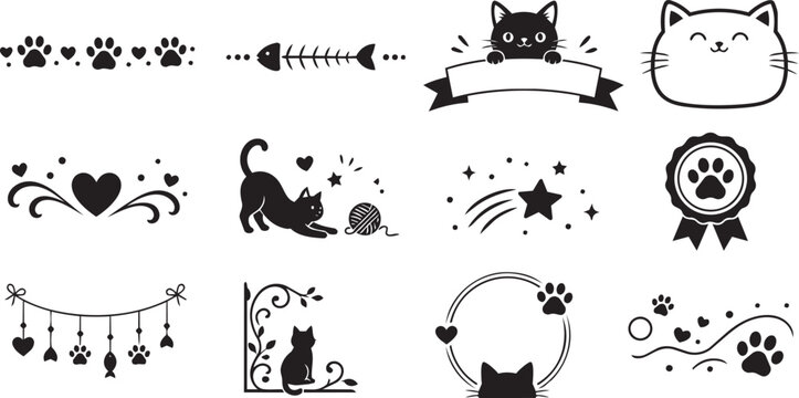 Cute cat icons set with paw prints and decorative elements