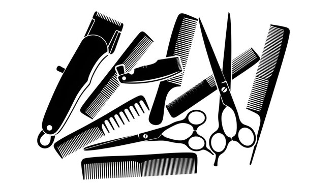 Barber Shop Tools Silhouette Set - Hair Clippers Scissors and Combs