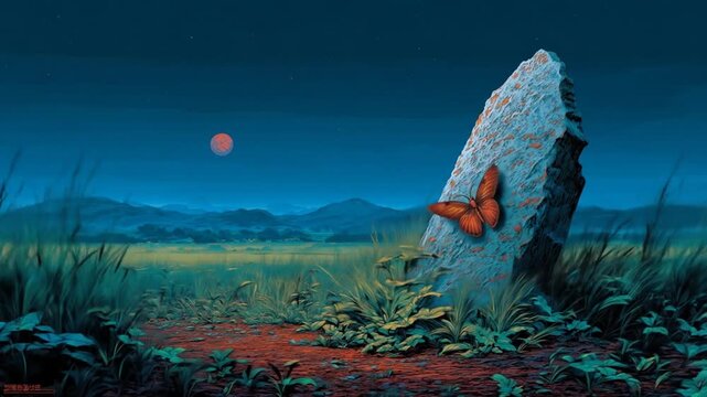 Butterfly perched on rock in moonlit landscape