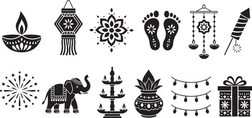 Fototapeta premium Diwali festival black icon set with traditional indian holiday elements