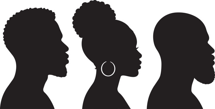 Black silhouettes of diverse african american heads in profile