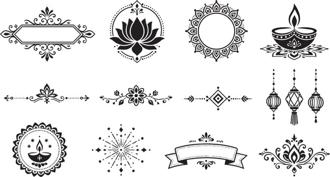 Decorative Indian Diwali elements with lotus, diya and ornaments