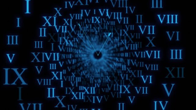 Glowing time travel numeral visual blue Roman symbols rushing into a dark center, giving clock tunnel depth. for countdown titles, historical intros, mystery edits, and animated background loops.