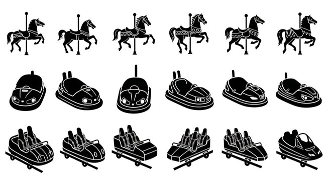 Silhouette Set of Carnival Rides Carousel Horses Bumper Cars and Roller Coasters on White Background