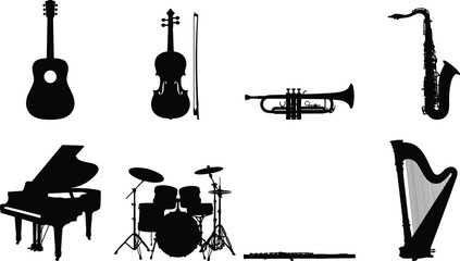 Black vector silhouettes collection of musical instruments, featuring acoustic guitar, violin with bow, trumpet, saxophone, grand piano, drum kit, flute, and harp © Mst Shamima