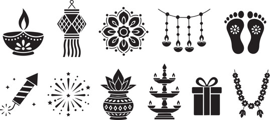 Fototapeta premium Diwali festival icon set with diya lamp and decorations