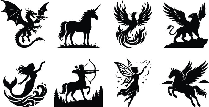 Black vector silhouettes collection of mythical creatures, featuring dragon, unicorn, phoenix, griffin, mermaid, centaur, fairy, and flying pegasus