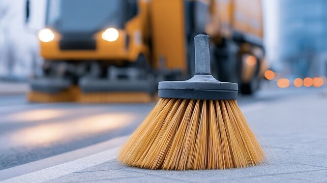 Street sweeper brush on the asphalt surface with a blurry yellow municipal sanitation truck cleaning in the background, representing city maintenance, urban hygiene, and public works