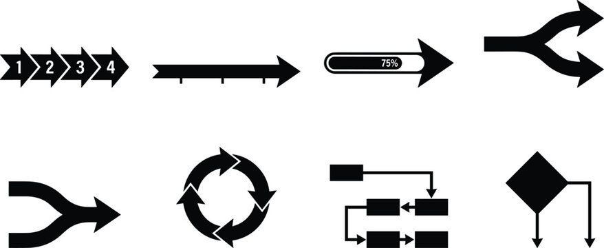 Set of black workflow arrow silhouettes including process steps, timeline, progress bar, split arrows, cycle, and flowchart diagrams isolated