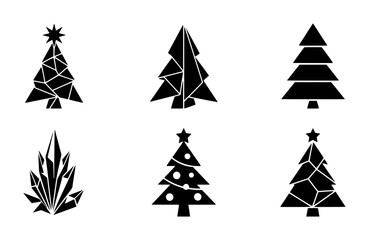 Fototapeta premium 70 Geometric Christmas Tree Icons, Modern Festive Vector Illustrations, Abstract Winter Holiday Symbols, Set of Six Black and White Graphic Elements 100
