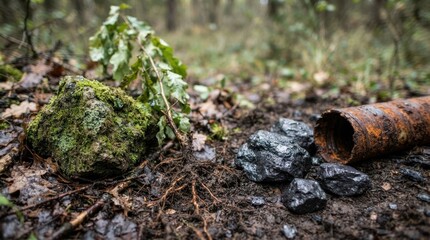 Fototapeta premium Mossy rock, uprooted sapling, coal ore, and rusty drill core on damp soil symbolizing mining impact, habitat loss, and land degradation.