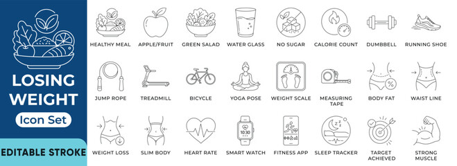 Naklejka premium Losing weight and healthy lifestyle icons set. Diet and fitness line icons. Editable scale, measuring tape, dumbbell and smartwatch. Vector illustration