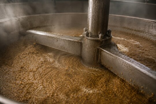 Large metal vat stirring malt mash for beer production. Industrial brewing equipment mixing grain in brewery. Craft beer making process, fermentation tank with hot steaming wort.